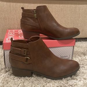 Lauren Blakwell Brown Ankle Booties with a double strap on the heel